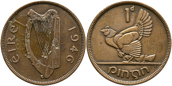 ИРЛАНДИЯ 1 ПЕННИ 1946 КУРИЦА С ЦЫПЛЯТАМИ KM 11 бронза 4389-942