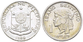 Филиппины 1 сентимо 1969/6 вождь острова Мактан Лапу-Лапу KM 196 алюминий 218-1151