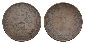 Нидерланды 1 цент 1905 Вильгельмина (1890-1948) KM 132 бронза 73-611