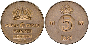 Швеция 5 эре 1969 Густав VI Адольф (1950-1973) KM 822 бронза 4517-713