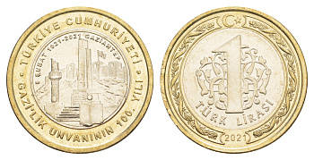 Турция 1 лира 2021 100 лет присвоения Газиантепу титул KM NEW биметалл  UNC  M64-06