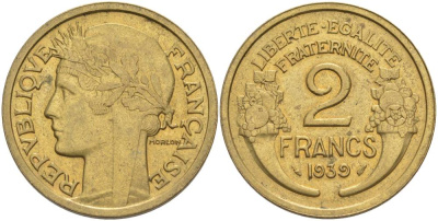 ФРАНЦИЯ 2 ФРАНКА 1939 ТИП MORLON KM 886, LE FRANC 268.12 алюминиевая бронза 3855-142