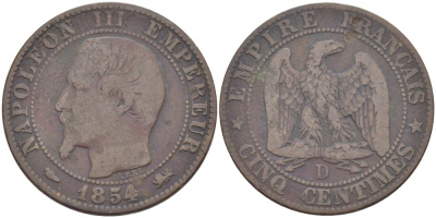 ФРАНЦИЯ 5 САНТИМОВ 1854 D, НАПОЛЕОН III (1852-1870) KM 777.4, LE FRANC 116.12 бронза 4448-1215