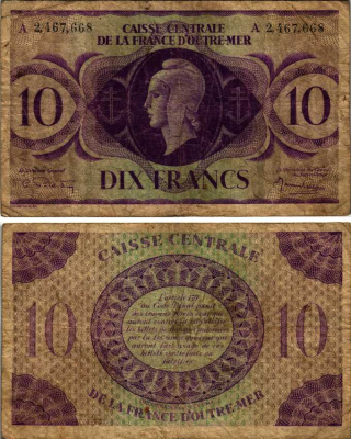 ФРАНЦУЗСКАЯ ЭКВАТОРИАЛЬНАЯ АФРИКА 10 ФРАНКОВ 1944 СЕРИЯ А, CAISSE CENTRALE DE LA FRANCE D'OUTRE-MER Pick 16d бумага G-VF 6352-42-1-1