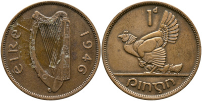 ИРЛАНДИЯ 1 ПЕННИ 1946 КУРИЦА С ЦЫПЛЯТАМИ KM 11 бронза 4389-942