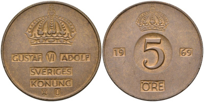 Швеция 5 эре 1969 Густав VI Адольф (1950-1973) KM 822 бронза 4517-713