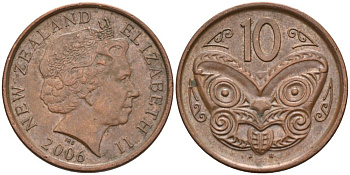 Новая Зеландия 10 центов 2006 маска Маори, Елизавета II (1952-) KM 117а сталь плакированная медью 186-511