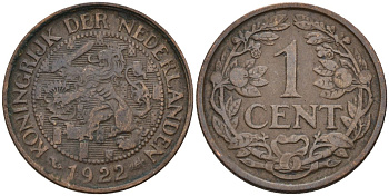 Нидерланды 1 цент 1922 Вильгельмина (1890-1948) KM 152 бронза 192-268