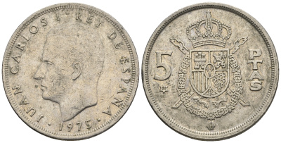 Испания 5 песет 1975 (80) Хуан Карлос I (1975-2014) KM 807 медно-никель 85-737