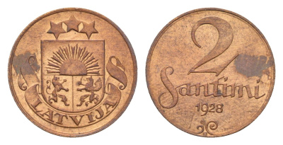 Латвия 2 сантима 1928 KM 2 бронза 4679-225