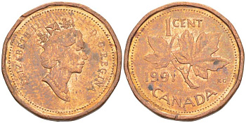 Канада 1 цент 1991 Елизавета II (1952-2022), кленовый лист KM 181 бронза 71-1612