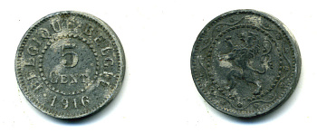 БЕЛЬГИЯ 5 САНТИМОВ 1916 KM 80 цинк 86-155