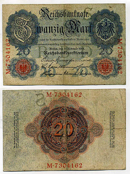ГЕРМАНИЯ 20 МАРОК 1914 СЕМЬ ЦИФР В НОМЕРЕ Pick 46b бумага 6283-49-2