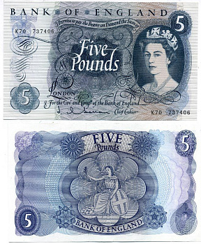 АНГЛИЯ 5 ФУНТОВ 1963-1966 J.Q. HOLLOM Pick 375 a бумага UNC (ПРЕСС) 000-00-00