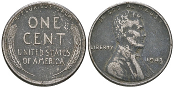 США 1 цент 1943 Авраам Линкольн KM 132 a сталь покрытая цинком 214-614