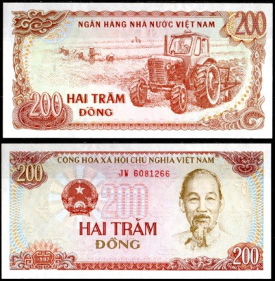 Вьетнам 200 донг 1987 Хо Ши Мин, трактор Pick 100 c (1) бумага UNC (пресс) 6293-24-2-1
