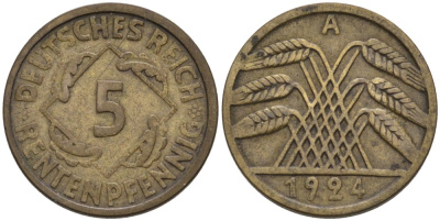 Германия 5 рентенпфеннигов 1924 А KM 32, J. 308 алюминиевая бронза 4567-1033