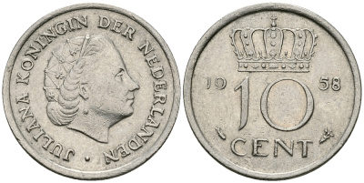 НИДЕРЛАНДЫ 10 ЦЕНТОВ 1958 ЮЛИАНА KM 182 никель 96-443