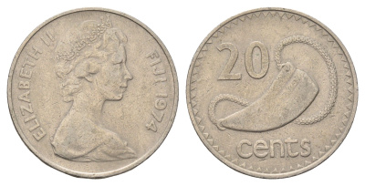 Фиджи 20 центов 1969 Елизавета II (1952-2022), китовый зуб KM 31 медно-никель 4698-1155