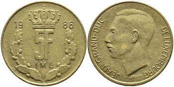 Люксембург 5 франков 1986 Великий герцог Жан (1964-1999) KM 60.1 латунь 4397-512