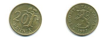ФИНЛЯНДИЯ 20 ПЕННИ 1977 K KM 47 алюминиевая бронза 80-437