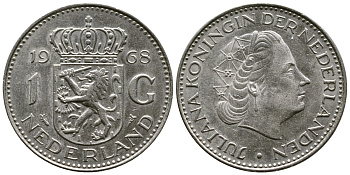 Нидерланды 1 гульден 1968 Юлиана (1948-1980) KM 184a никель 177-952