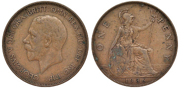 Великобритания 1 пенни 1936 Георг V (1910-1936) KM 838, Spink 4055 бронза 4123-936