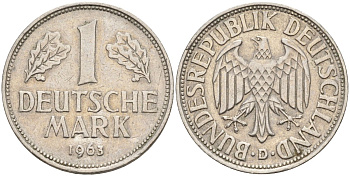 ФРГ 1 марка 1963 D KM 110, J. 385 медно-никель 4177-844