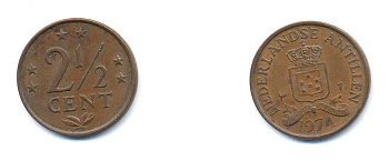 Нидерландские Антилы 2 1/2 цента 1974 Юлиана (1948-1980) KM 9 бронза 4379-1143