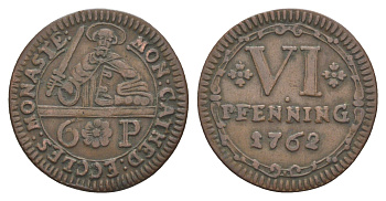 Мюнстер 6 пфеннигов 1762 Монетный двор кафедрального капитула KM 441 медь 633-1821