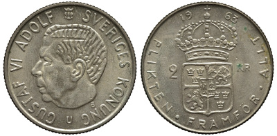 Швеция 2 кроны 1963 U, Густав VI Адольф (1950-1973) KM 827 серебро 00-00
