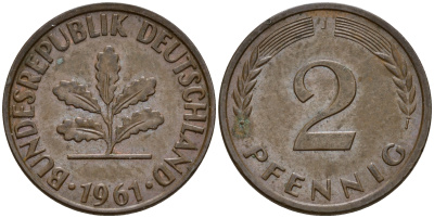 ФРГ 2 пфеннига 1961 J J.381  KM 106 бронза  4598-724