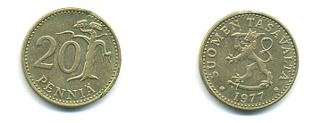 ФИНЛЯНДИЯ 20 ПЕННИ 1977 K KM 47 алюминиевая бронза 80-436
