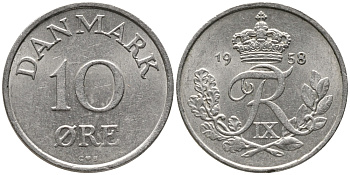 ДАНИЯ 10 ЭРЕ 1958 C; S, ФРЕДЕРИК IX (1947-1972) KM 841.2 медно-никель 100-731