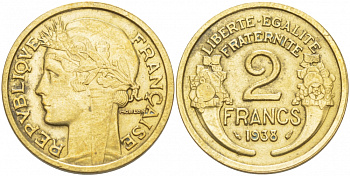 ФРАНЦИЯ 2 ФРАНКА 1938 ТИП MORLON, ТРЕТЬЯ РЕСПУБЛИКА (1871-1940) KM 886, LE FRANC 268.11 алюминиевая бронза 4403-1124