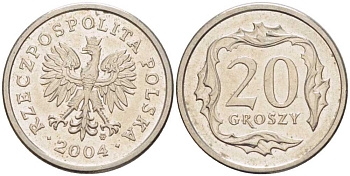 Польша 20 грошей 2004 MW KM 280, Parchimowicz 705l медно-никель 201-518