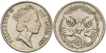 Австралия 5 центов 1987 Елизавета II (1952- ), ехидна KM 80 медно-никель 4608-826