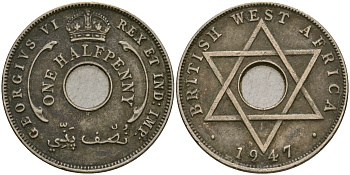 Британская Западная Африка 1/2 пенни 1947 H, Георг VI KM 18 медно-никель 25-1043