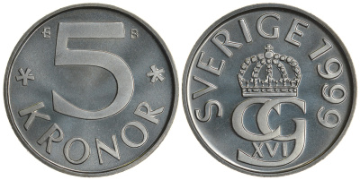 Швеция 5 крон 1999 B, Карл XVI Густав (1973- ) KM 853a медно-никель PROOFLIKE 4680-441