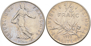 ФРАНЦИЯ 1/2 ФРАНКА 1977 СЕЯТЕЛЬ KM 931.1, LE FRANC 198.16 никель 187-126
