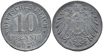 ГЕРМАНИЯ 10 ПФЕННИГОВ 1920 KM 26, J 299 цинк 4395-1244