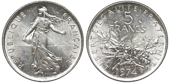 Франция 5 франков 1974 сеятель KM 926a.1, Le Franc 341.6 медно-никель плакированный никелем 51-4123келем 51-4123