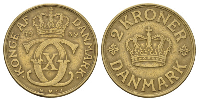 Дания 2 кроны 1939 N; GJ, Кристиан X (1912-1947) KM 825 алюминиевая бронза 82-1133