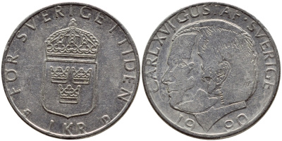 Швеция 1 крона 1990 Карл XVI Густав (1973- ) KM 852a медно-никель 4398-1253