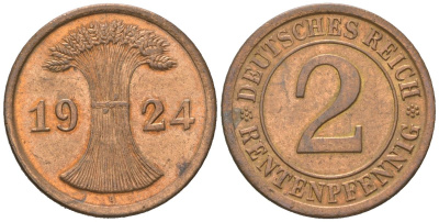 Германия 2 рентенпфеннига 1924 A KM 31, J. 307 бронза 3955-1148
