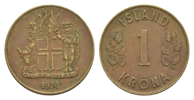 Исландия 1 крона 1970 KM 12a никель латунь 4633-1245