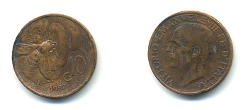 ИТАЛИЯ 10 ЧЕНТЕЗИМО 1927 R ВИКТОР ЭММАНУИЛ KM 60 медь 80-1216