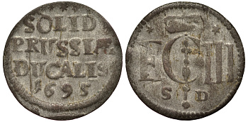 Бранденбург-Пруссия 1 шиллинг 1695 SD, Фридрих III (1688-1701), вес 0,52 гр. KM 590, v. Schrotter 851 серебро 1516-121