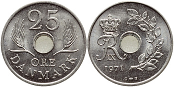ДАНИЯ 25 ЭРЕ 1971 С; S, ФРЕДЕРИК IX (1947-1972) KM 855.1 медно-никель UNC 4398-1012