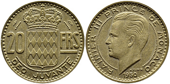 Монако 20 франков 1950 Ренье III (1949-2005) KM 131 алюминиевая бронза 4393-1242